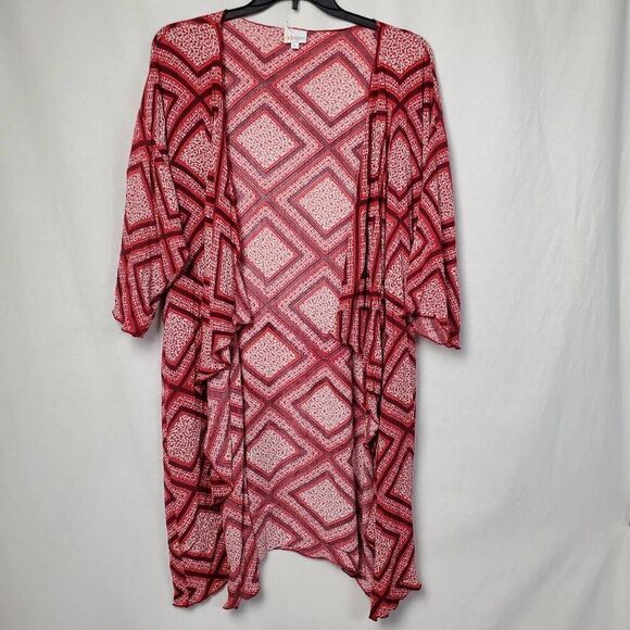 LuLaRoo Large Red/Pink Print Open Front Fly-away Light weight Cover Cardigan - Picture 2 of 9